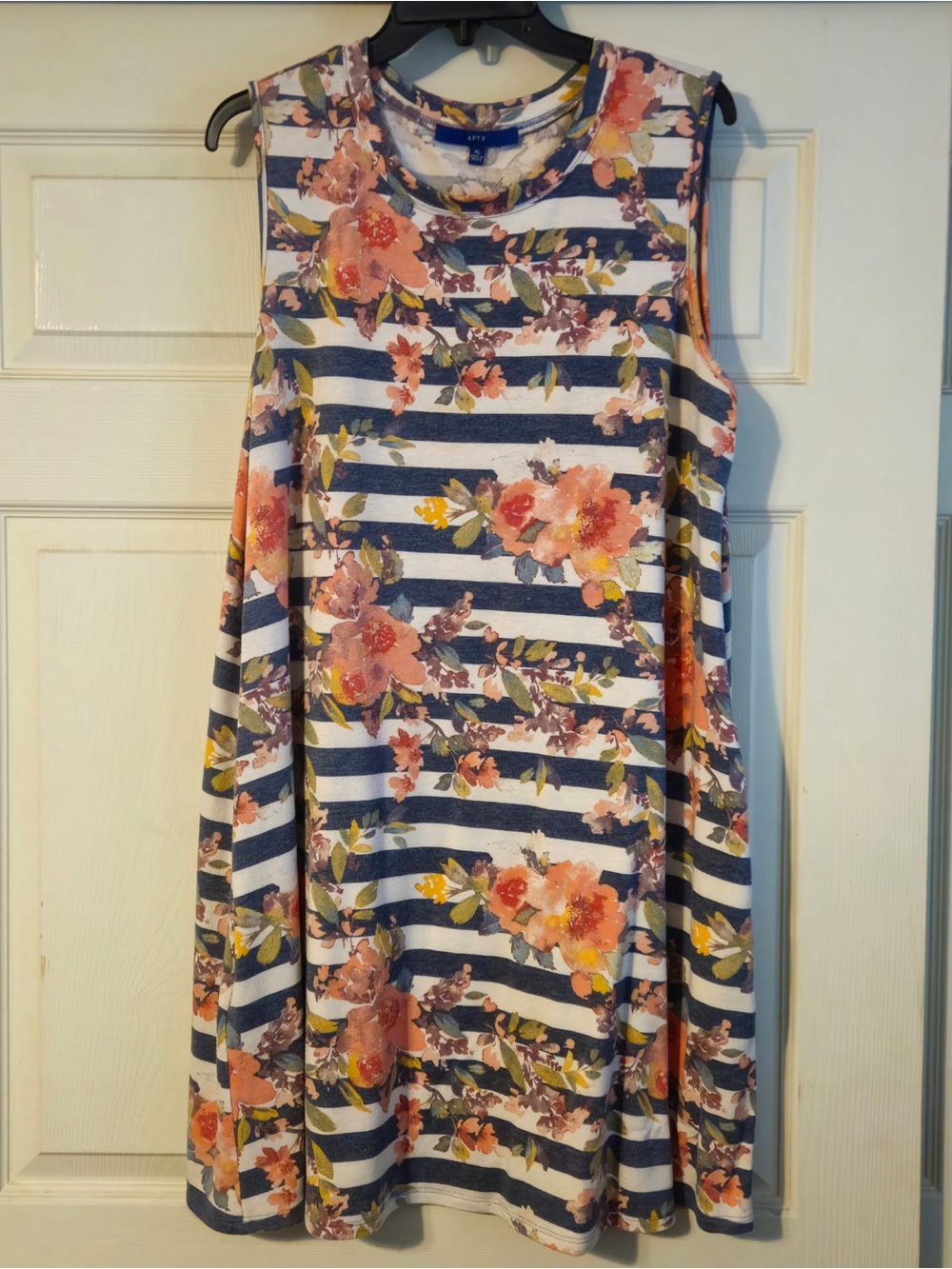 Navy Striped Floral Sleeveless A-Line Spring Summer Dress Size XL